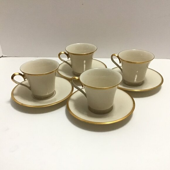 8pc LENOX 'Eternal' Elegant Bone China Teacup & Saucer Set Cream w/Gold Trim - Picture 2 of 8